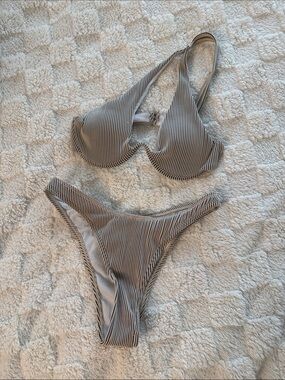 One-Shoulder Beige Striped Women’s three piece set